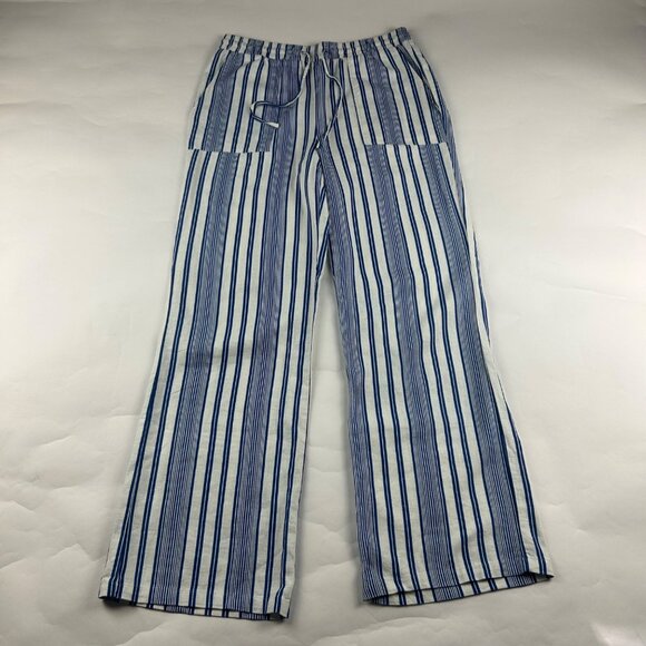 Happily Grey Blue Striped Linen Blend Wide Leg Lounge Pant L - Picture 1 of 7